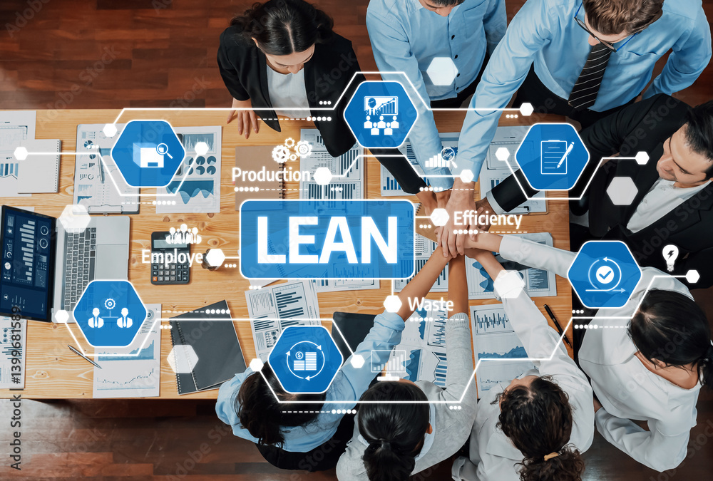 Poster a dynamic scene depicting a team collaborating on lean strategies to enhance efficiency and producti