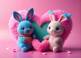 Obraz premium Surreal Valentine's Day: 3D Plush Bunnies Holding Heart, Pink & Blue Rabbits, Torn Paper Heart Background