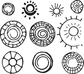 Set of round doodle hand drawn patterns and textures. Abstract organic shapes, different textured circles. Hand drawn vector illustration