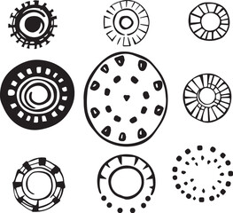 Set of round doodle hand drawn patterns and textures. Abstract organic shapes, different textured circles. Hand drawn vector illustration