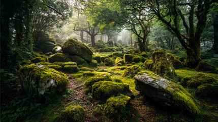 Magical Forest Interior Illuminated by Golden Sunrays