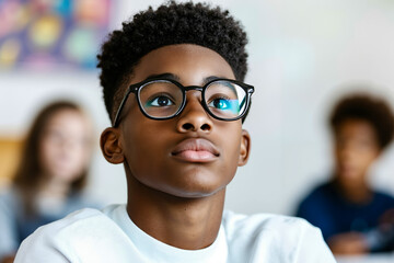 A young boy wearing glasses looking up at the camera