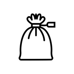 A black and white bag with a tag on it. The bag is tied with a string