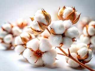 Fluffy Cotton Flowers, White Background, Closeup, Macro Photography, Soft, Natural Texture,  Botanical, Bloom, Plant, Detail, Gossamer, Delicate,  White Cotton,  Flower Photography