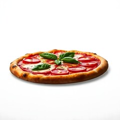 op View of Delicious Italian Pizza with Mozzarella, Cherry Tomatoes, and Basil on Wooden Board