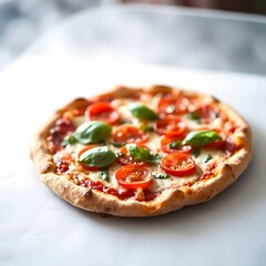 op View of Delicious Italian Pizza with Mozzarella, Cherry Tomatoes, and Basil on Wooden Board