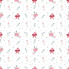 Easter egg with red bow and cute wild flowers seamless pattern, vector illustration, fabric, card, banner and more