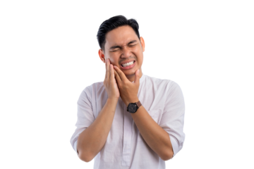 Unhealthy Asian Muslim man suffering from acute toothache, touching cheek with painful expression isolated on transparent background