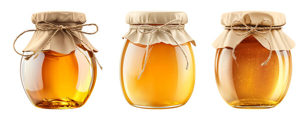 Glass honey jar with golden honey isolated on transparent background.
