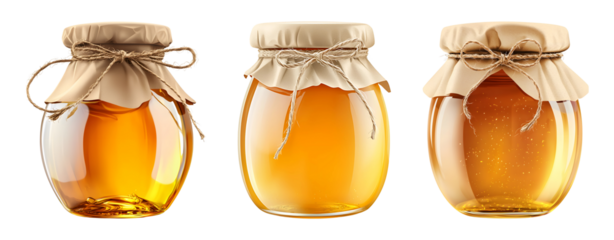 Glass honey jar with golden honey isolated on transparent background.