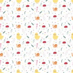Cute yellow chick with wild flowers, mushroom, snail and flowers, Easter seamless pattern, Children fabric, card, banner, vector illustration