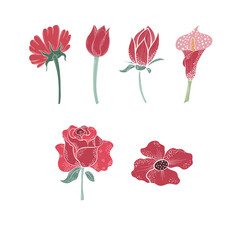 Set of red wild flowers, wedding cards, banner, fabric. Vector isolated illustration