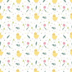 Cute yellow chick with wild flowers and leaves, Easter seamless pattern, Children fabric, card, banner, vector illustration