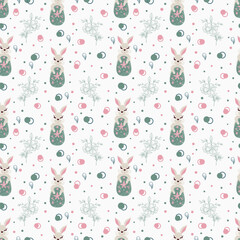 Easter cute rabbit and line wild flowers seamless pattern. Create kids fabric, card and banner. Vector illustration