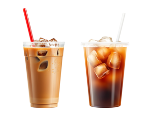 Iced coffee in plastic cup with straw isolated on transparent background.