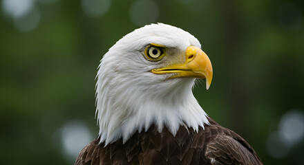 Fototapeta premium Bald Eagle Portrait, Majestic Bird of Prey Face, Wildlife Photography of American Eagle, National Symbol Close up, Powerful Bird Head