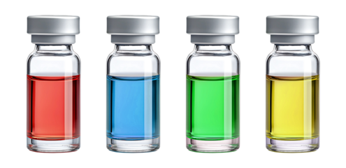 Glass vial filled with ccolorful liquid isolated on transparent background.
