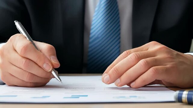 A man in a suit is writing with a pen on a piece of paper. Concept of professionalism and formality, as the man is dressed in a suit and tie