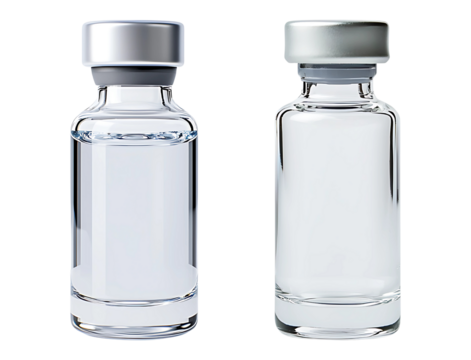Glass vial filled with liquid isolated on transparent background.