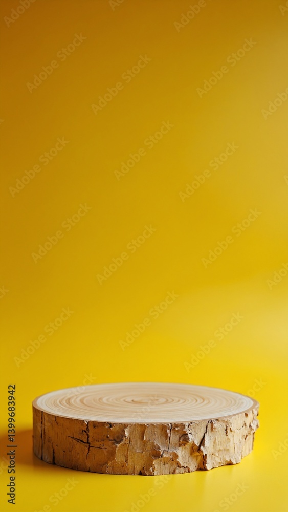 Poster empty wooden display platform against yellow background