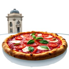 op View of Delicious Italian Pizza with Mozzarella, Cherry Tomatoes, and Basil on Wooden Board