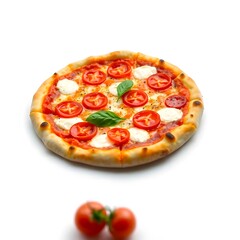 op View of Delicious Italian Pizza with Mozzarella, Cherry Tomatoes, and Basil on Wooden Board