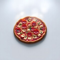 op View of Delicious Italian Pizza with Mozzarella, Cherry Tomatoes, and Basil on Wooden Board