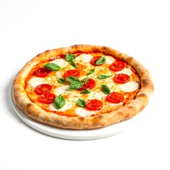 op View of Delicious Italian Pizza with Mozzarella, Cherry Tomatoes, and Basil on Wooden Board