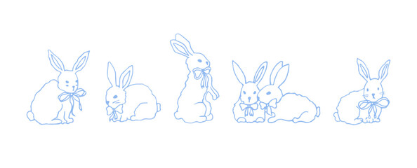 Cute bunnies with bow ribbon. Coquette easter bunny. Hand drawn doodle. Vector