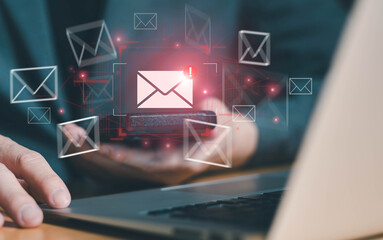 Business man using smartphone and computer that show warning sign after got attack phishing email by malware from hacker that commit cyber crime or software crash to cause an error