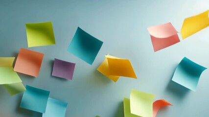 A bunch of colorful sticky notes are flying through the air. The notes are in various shapes and sizes, and they are scattered all over the image. Concept of chaos and disorganization