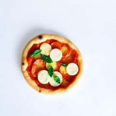 op View of Delicious Italian Pizza with Mozzarella, Cherry Tomatoes, and Basil on Wooden Board