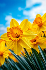 Fototapeta premium A bunch of yellow daffodils with a blue sky in the background