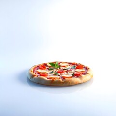 op View of Delicious Italian Pizza with Mozzarella, Cherry Tomatoes, and Basil on Wooden Board