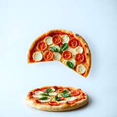 op View of Delicious Italian Pizza with Mozzarella, Cherry Tomatoes, and Basil on Wooden Board