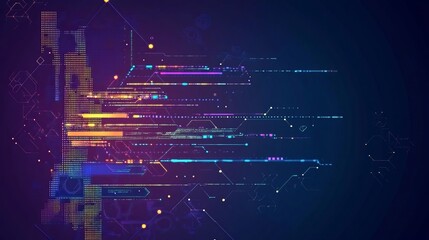 Abstract data visualization with geometric shapes and vibrant colors on a dark background