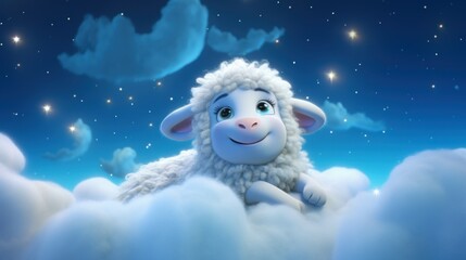 Obraz premium Cute cartoon sheep resting on clouds at night
