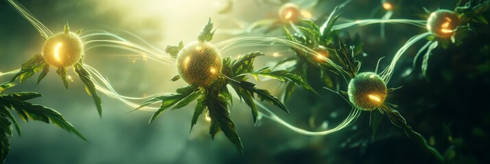 Mystical Cannabis Glowing Cannabinoid Connections in a Lush Green Landscape