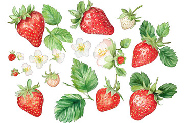 watercolor illustrations featuring ripe strawberries unripe strawberries leaves and flowers showcasing the beauty of fruit for artistic or educational purposes