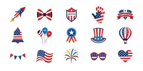 4th July, American Independence Day design vector illustration set. Collection of graphic elements isolated on white background