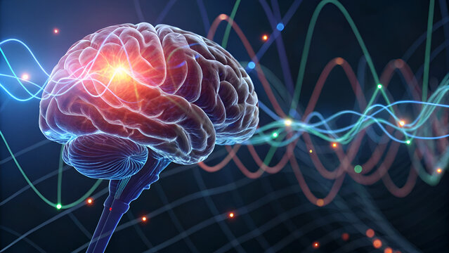 neurofeedback brainwaves self-regulation EEG Illustration of a brain with colorful waves representing neural activity and data flow.
