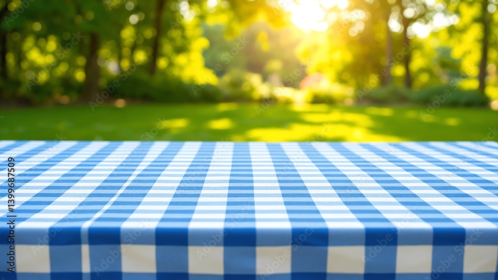 Poster Blue checkered tablecloth texture top view with abstract green, garden in blurred morning background. Empty checkered table for display montages