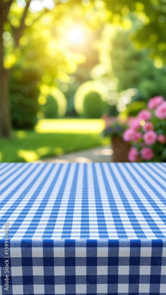 Poster blue checkered tablecloth texture top view with abstract green, garden in blurred morning background