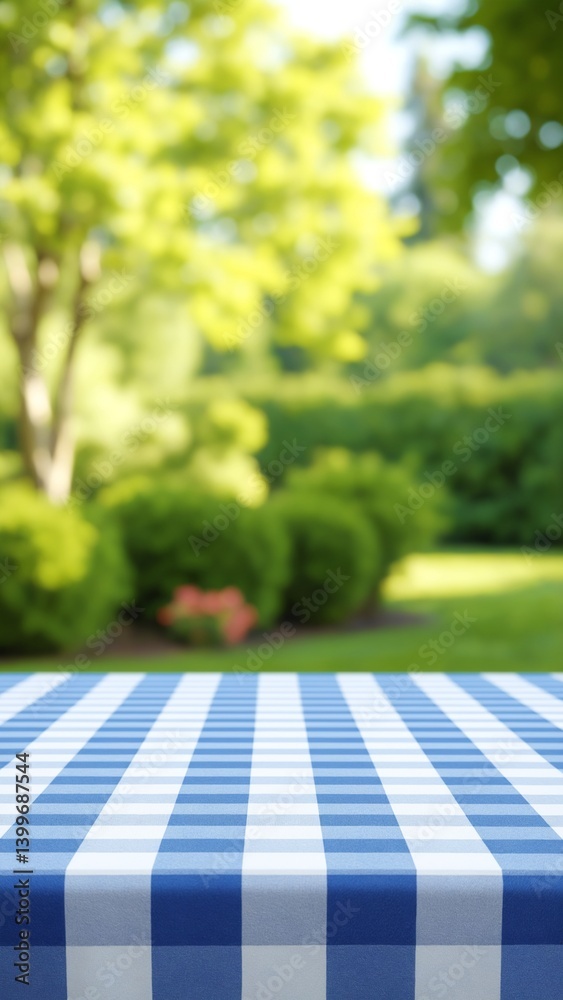 Aufkleber blue checkered tablecloth texture top view with abstract green, garden in blurred morning background