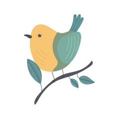  Yellow and green bird sitting on leafy twig, ideal for nature-themed designs, whimsical decor, or kids’ wildlife illustrations with gentle botanical accents.