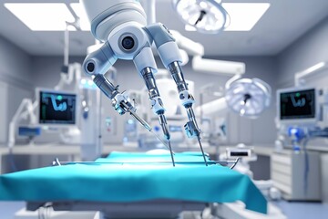 This image highlights a state-of-the-art surgical robot in an operating room, showcasing how robotics is transforming patient care through enhanced surgical precision.