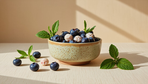 Everyday objects - for downstream advertisement and design: A ceramic bowl filled with blueberries and a few white berries is adorned with fresh mint leaves, creating a visually appealing and refres