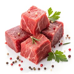 Fresh Raw Beef Cubes with Fine Marbling &ndash; High-Quality Meat Close Up on White Background