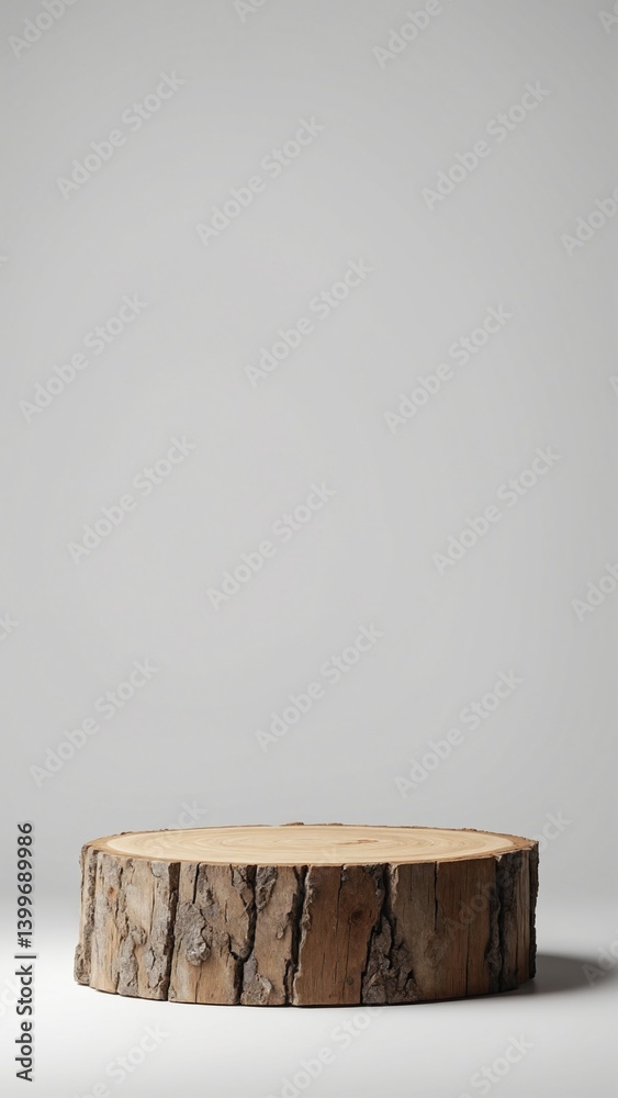 Poster Wooden tree circle stump platform podium on white background. Minimal empty display product presentation scene