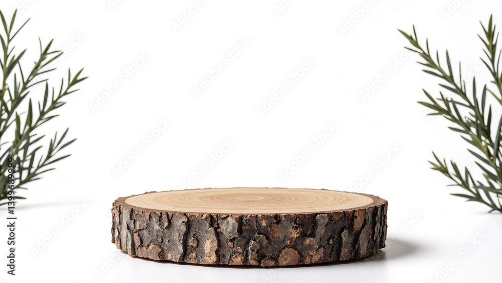 Poster Wooden tree circle stump platform podium on white background. Minimal empty display product presentation scene